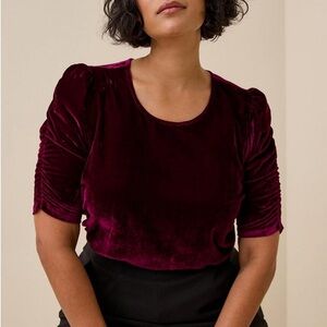 Wine Red Velvet Ruched Sleeve Top